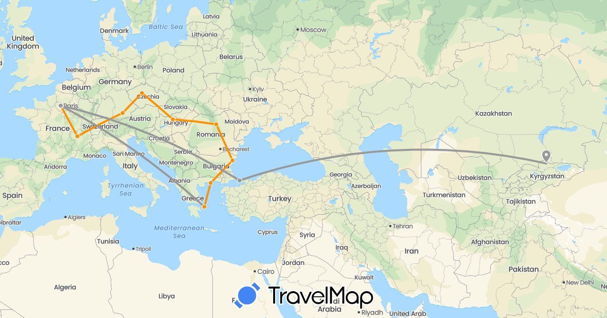 TravelMap itinerary: driving, plane, hitchhiking in France, Kyrgyzstan, Turkey (Asia, Europe)